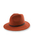 Brown fedora hat with a black band on a white background