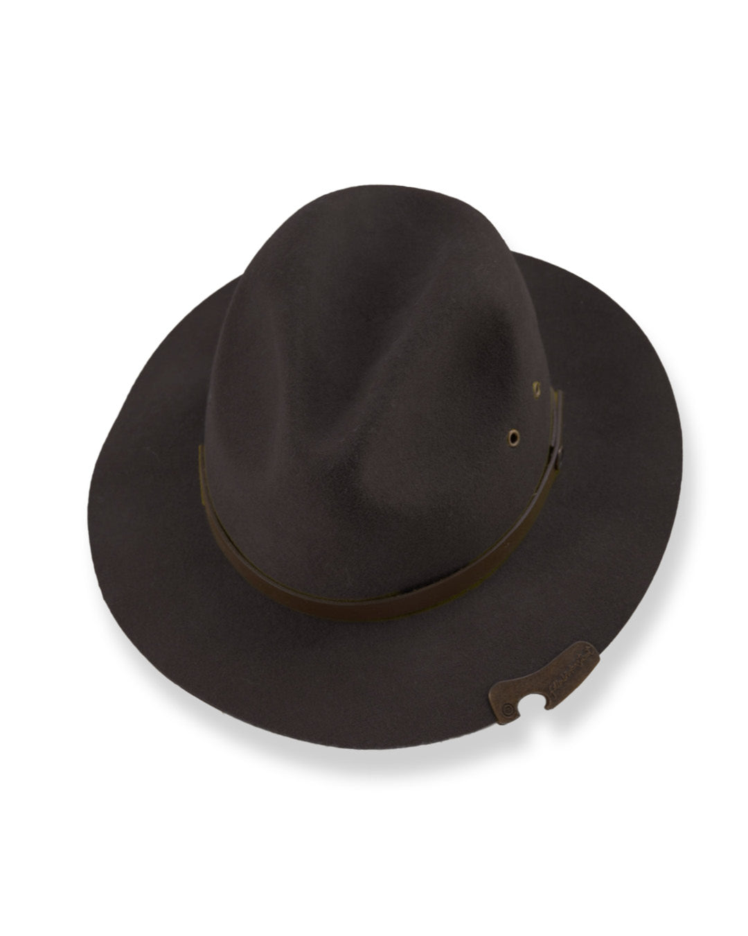 Brown coloured felt hat with bottle opener on brim