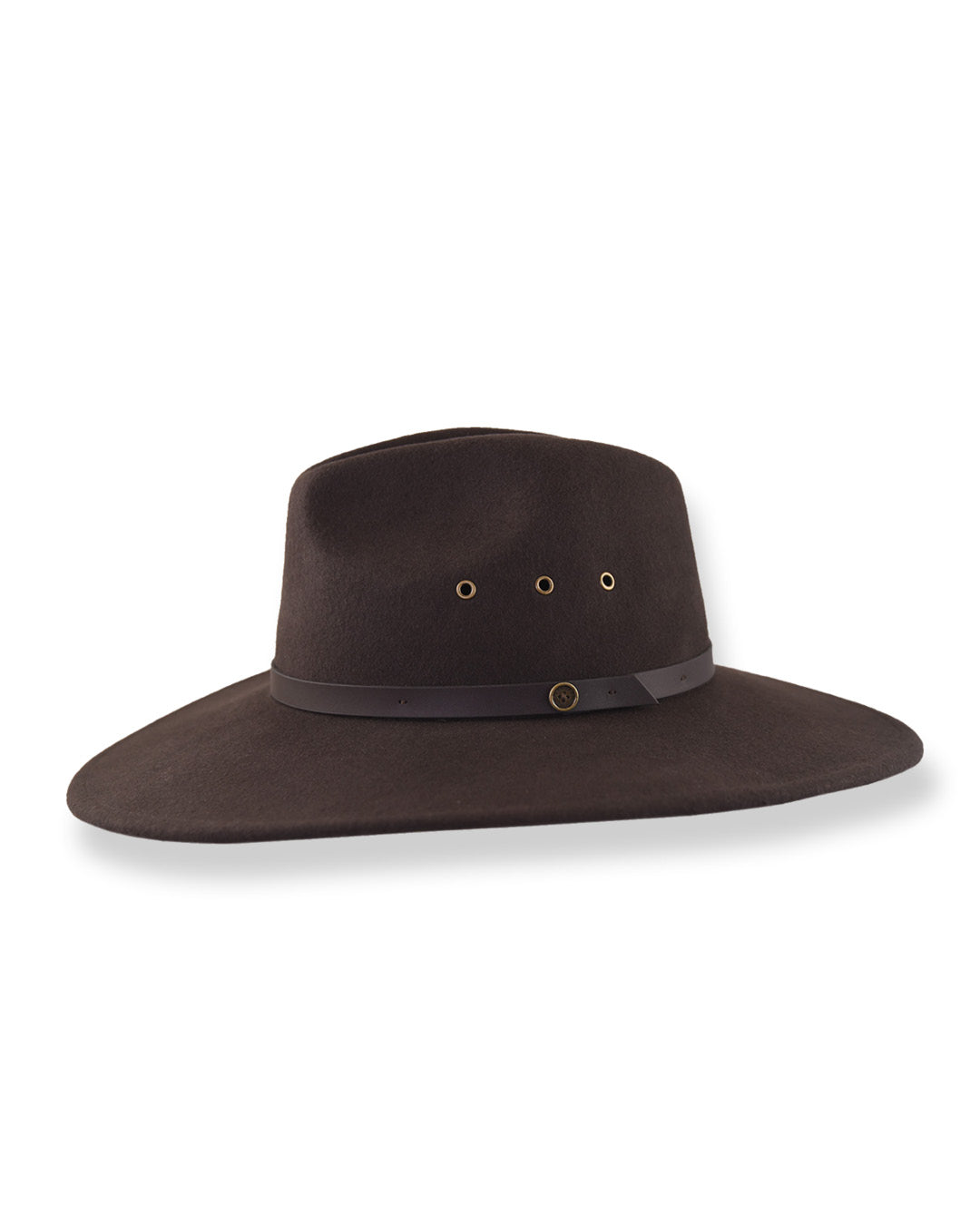 Brown wide-brimmed hat with a belt on a white background