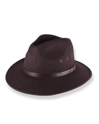 Brown fedora hat with a leather band on a white background