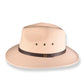 Side view of cream coloured wool felt hat on white background