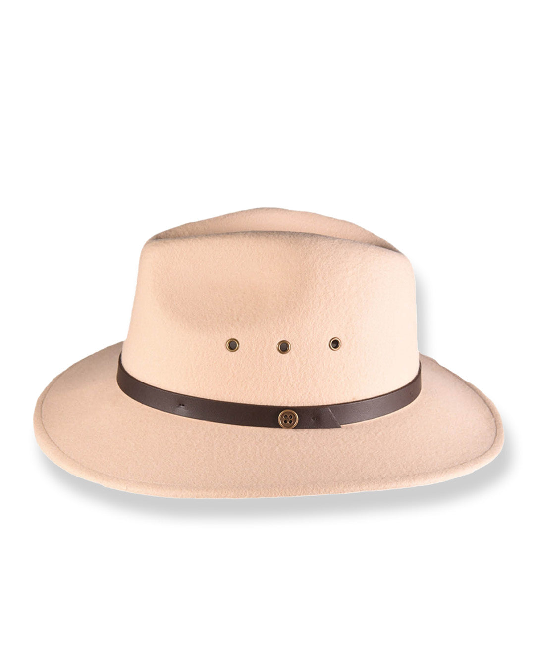 Side view of cream coloured wool felt hat on white background