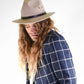 man wearing wool felt hat on grey background