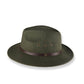 Side view of a green felt hat on a white background