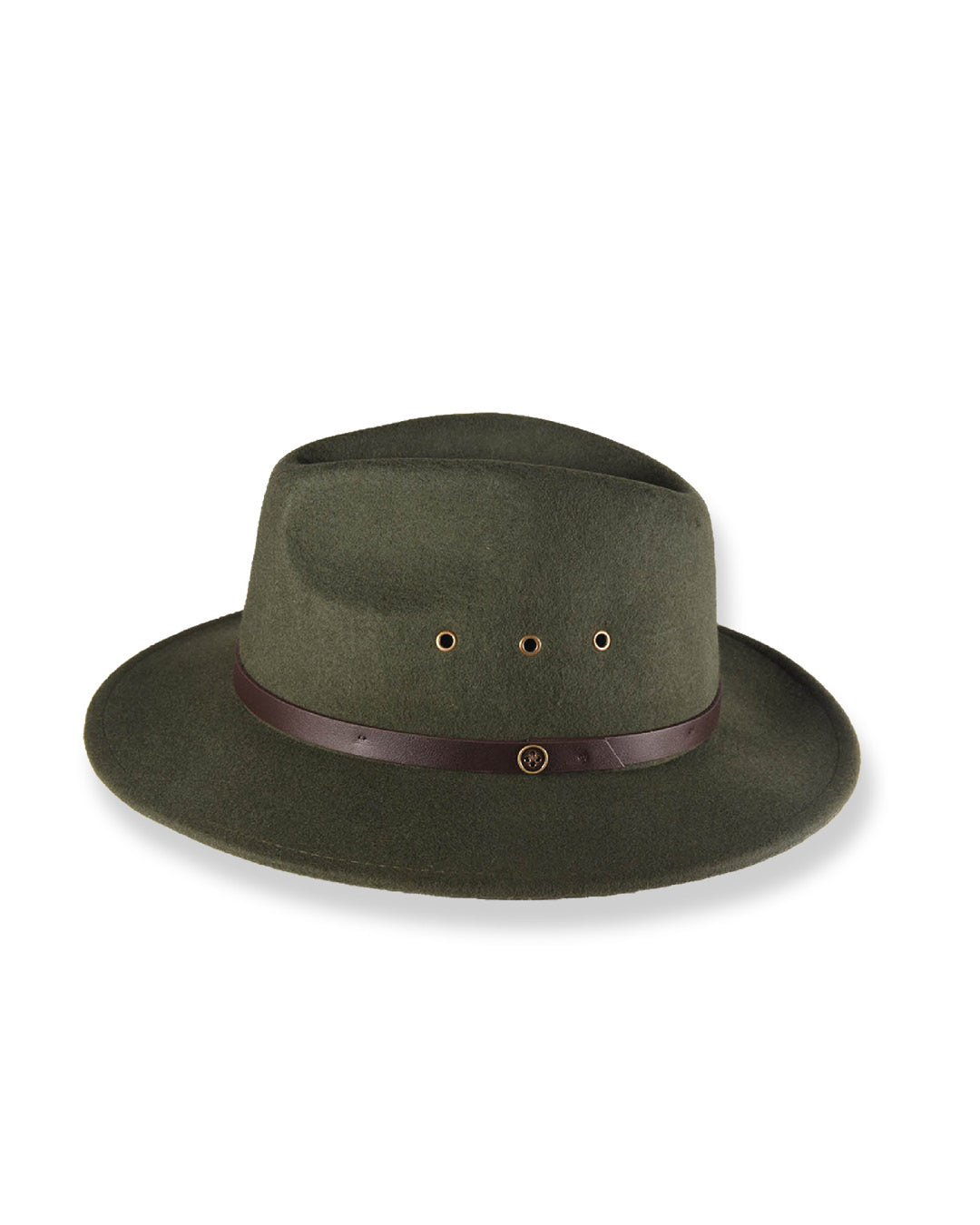 Side view of a green felt hat on a white background