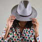 woman wearing Ratatat Felt Hat Grey studio product shot Australian wool felt classic grey shade
