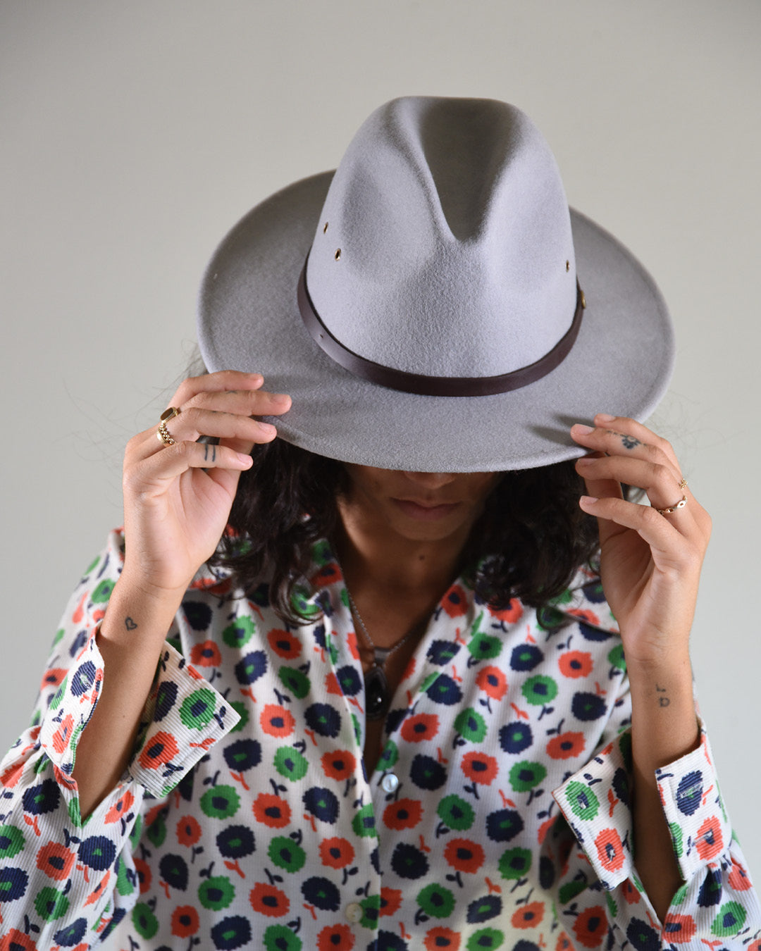 woman wearing Ratatat Felt Hat Grey studio product shot Australian wool felt classic grey shade
