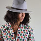  side view of woman wearing a Ratatat Felt Hat Grey studio product shot Australian wool felt classic grey shade
