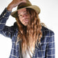 Man wearing a blue checkered blazer and beige hat against a white background