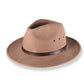 Brown fedora hat with a brown band on a white background