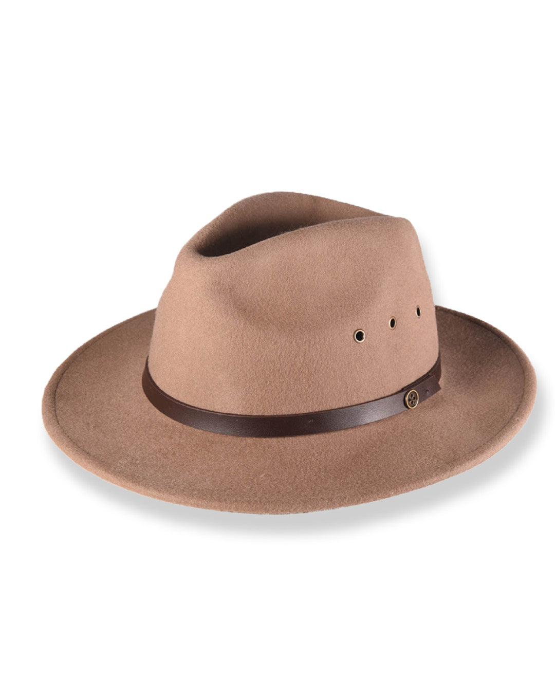 Brown fedora hat with a brown band on a white background