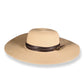 Beige straw hat with a brown band on a white background