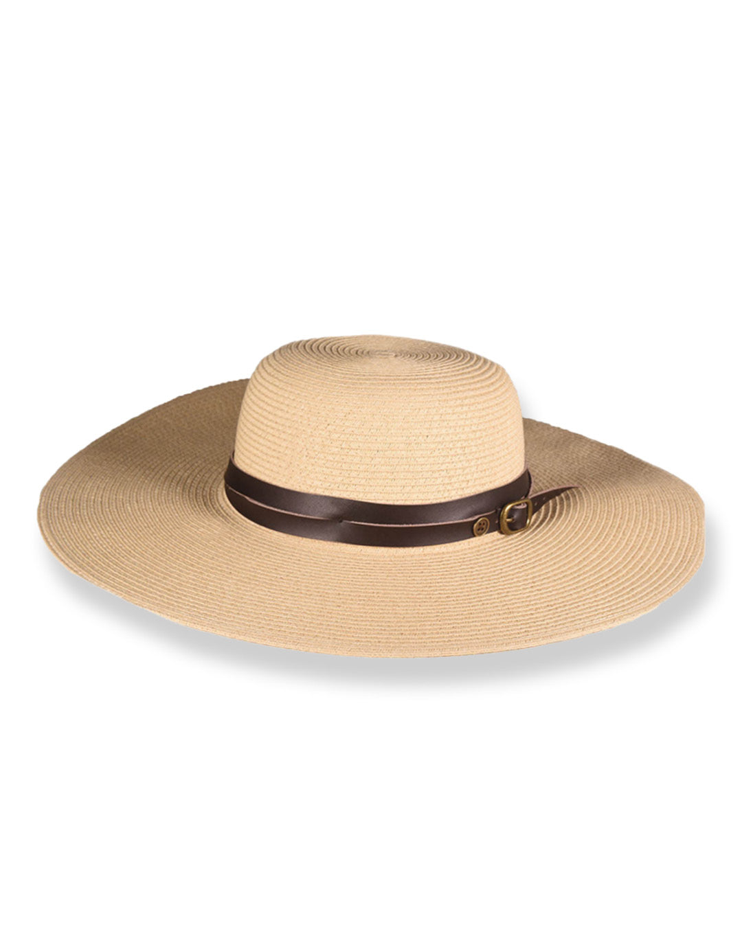 Beige straw hat with a brown band on a white background