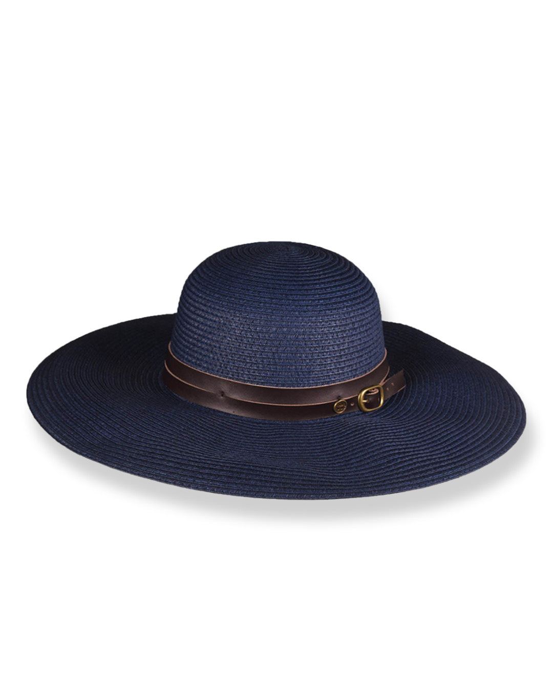 navy blue straw wide brim straw hat on a white background