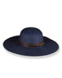 navy blue straw wide brim straw hat on a white background