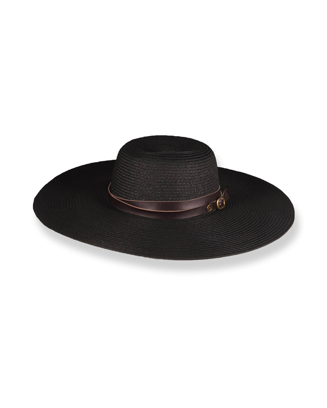 Black straw hat with a brown band on a white background