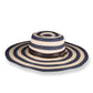 Navy and beige striped sun hat with a brown band on a white background