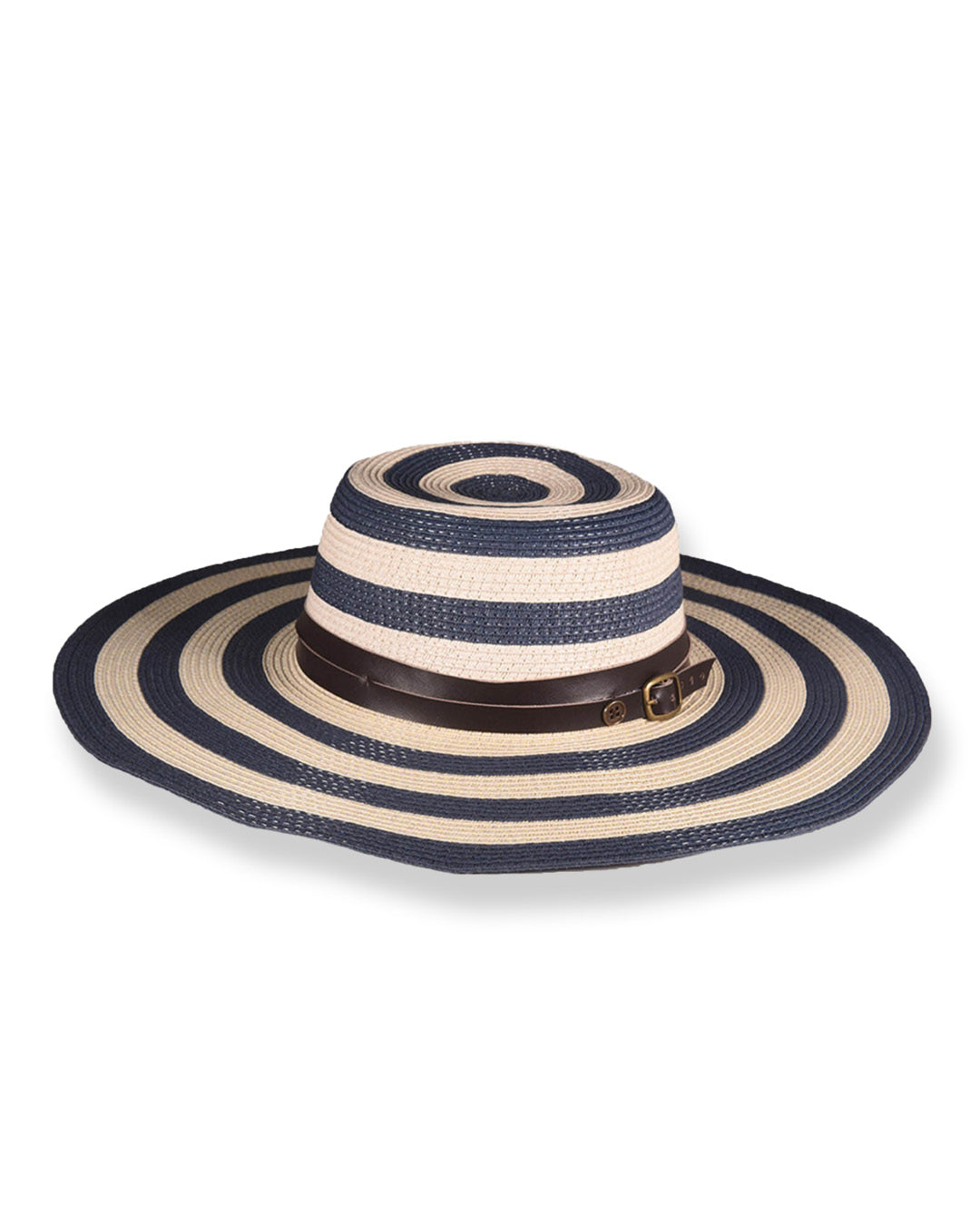 Navy and beige striped sun hat with a brown band on a white background