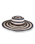 Navy and beige striped sun hat with a brown band on a white background
