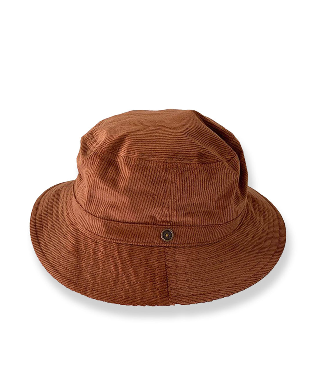 A brown bucket hat made of cotton corduroy with a button detail on the crown.
