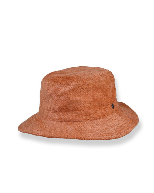 Side angle of Saturday Bucket Hat – Tangerine by FallenBROKENstreet. Wide brim cotton chenille hat with UPF 50+ rating and cotton inner band for comfort. Vibrant summer hat in tangerine, designed for breathability, durability, and effortless festival or beachwear.