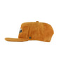 Side view of mustard corduroy stash cap with flat brim and embroidered bird design

