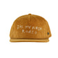 Mustard corduroy cap with white embroidered text "It’s My First Rodeo" on the front panel, featuring a flat brim and signature Fallenbrokenstreet button on the side.