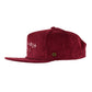 Side profile of the wine red corduroy cap showing the brim and custom embroidery.