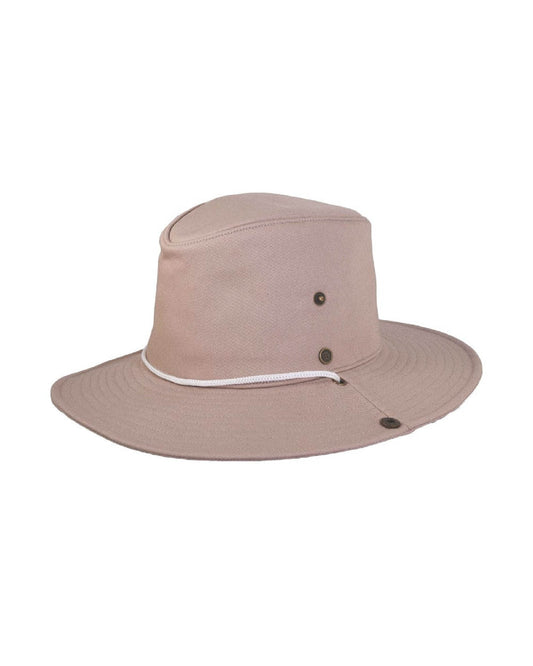 Surf Hat Tan, wide brim hat with UPF 50+, hidden stash pocket, side snaps and toggle strap.