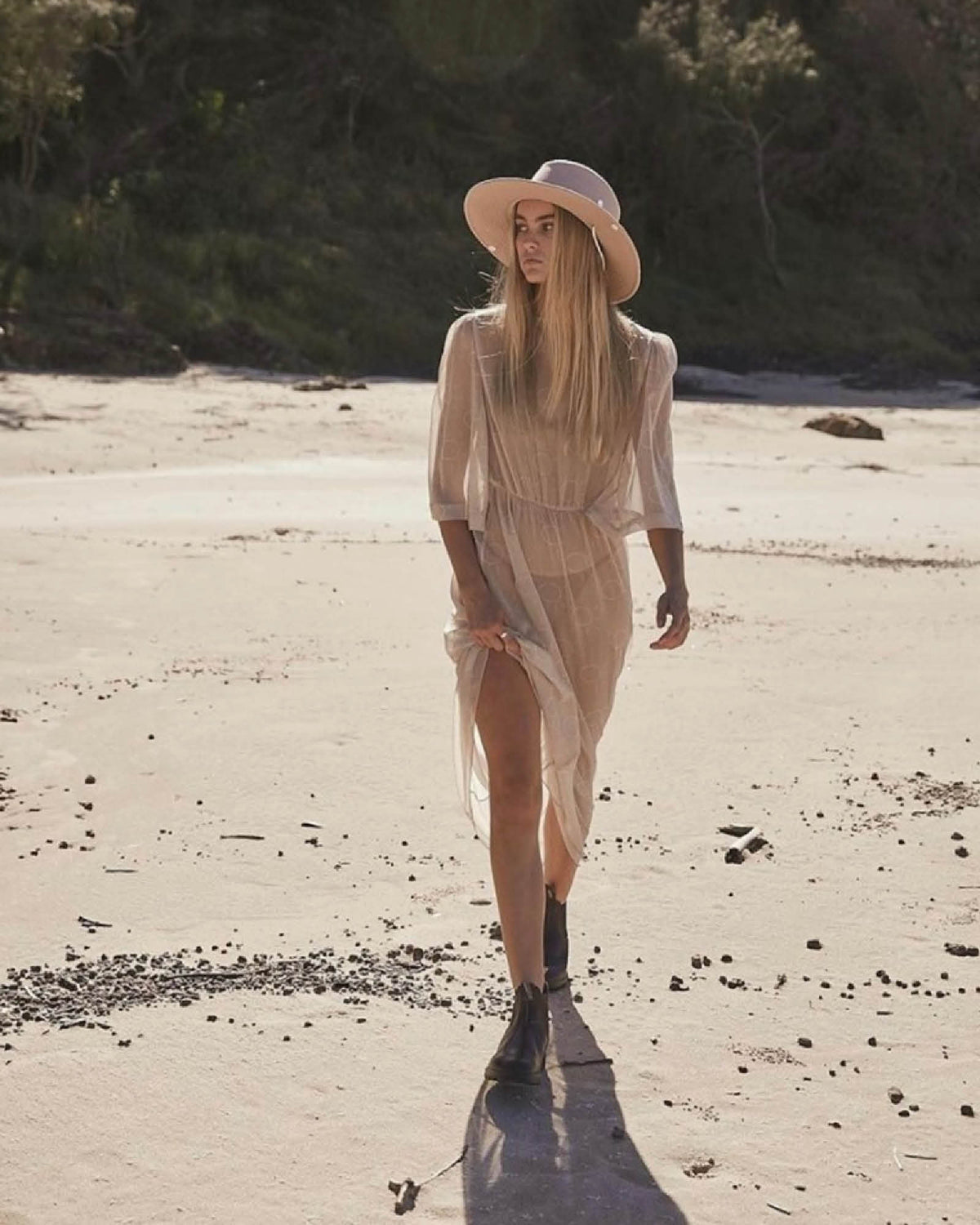 Tan Surf Hat with stash pocket, UPF 50+ rating, toggle neck string and wide brim design.