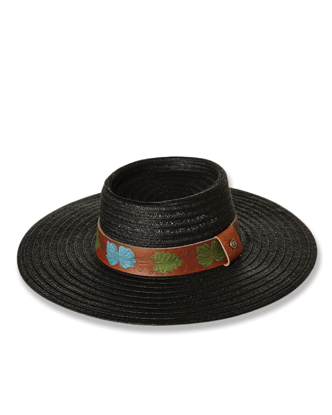 Straw Hat Black wide brim style with hand painted leather band. A bold summer essential. Discover now.