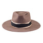 Flat lay image of The Zephyr felt hat in a warm vintage brown tone. The frayed cotton band, handcrafted patina, and signature needle accent are clearly visible from above. This minimalist overhead view showcases the classic teardrop crown and structured 75mm brim. A hat for sun-chasers, wanderers, and dreamers, made from ethically sourced Australian wool felt.

