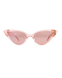 Close-up of The Astral Plane Pink/Pink sunglasses on white background, featuring a soft pink acetate cat-eye frame and tonal pink CAT2 lenses

