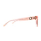 Underside angle of the pink sunglasses emphasizing chain attachment points and curved arms

