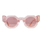 Round full frame sunglasses with pink lenses and pink acetate frame, featuring 24k gold finishings.