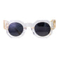Close-up product image of Fallenbrokenstreet’s The Cosmos sunglasses in Skywalker/Black. Featuring a clear acetate frame with black polarised lenses and 24k gold finishings, ideal for bold, fashion-forward styling. Chain-compatible front and back. Perfect hero shot for Shopify or social media.