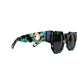 Angled side view of THE COSMOS – Galaxy/Black sunglasses showing off the curved arms, acetate galaxy pattern, and gold-finished chain attachment ring. Ideal for customers wanting close-up detail on Shopify.

