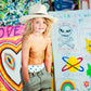 Kids Bromley Straw Hat, woven straw design with leather inner band and artist collaboration detail.
