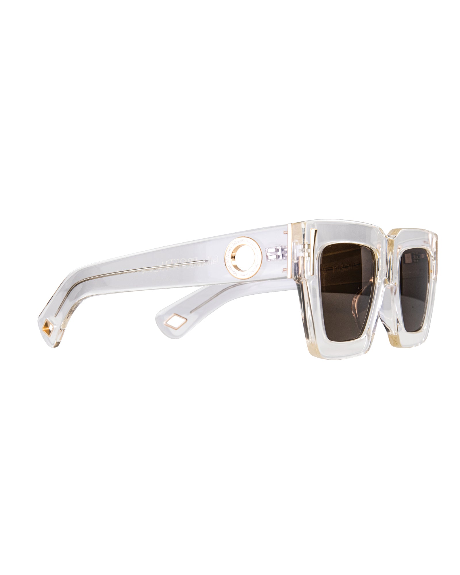 The Mischief sunglasses shown folded from front and side. White frame with amber lenses captured on white background.

