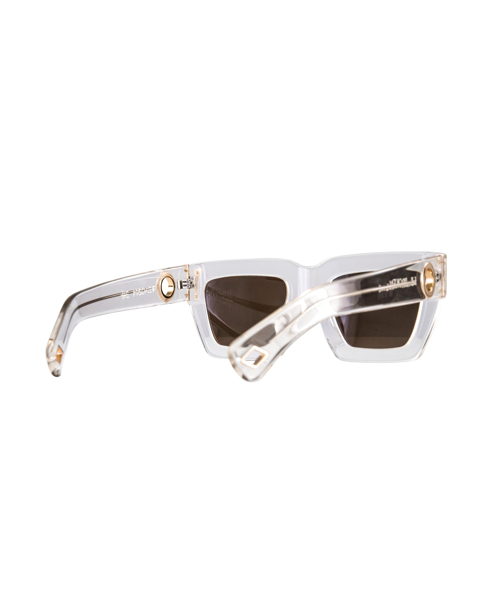Front and side view of the sunglasses displayed together on white background, highlighting frame width and chain attachment features.

