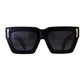Front view of The Mischief – White/Black sunglasses with bold black lenses and crisp white acetate arms. Designed with 24k gold details and a statement-making rectangular silhouette from Fallenbrokenstreet.

