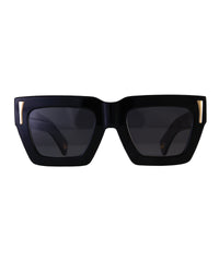 Front view of The Mischief – White/Black sunglasses with bold black lenses and crisp white acetate arms. Designed with 24k gold details and a statement-making rectangular silhouette from Fallenbrokenstreet.

