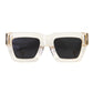 Front view of The Mischief – Skywalker/Black sunglasses featuring a white acetate frame, black polarised lenses, and 24k gold detailing. A bold, structured silhouette.

