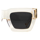 Close-up side angle showing black lens, white acetate frame, and gold corner detailing. Highlights premium construction and clean design.

