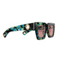 The Mischief sunglasses shown folded, highlighting front view, side profile, and dual chain compatibility in a compact, stylish configuration.

