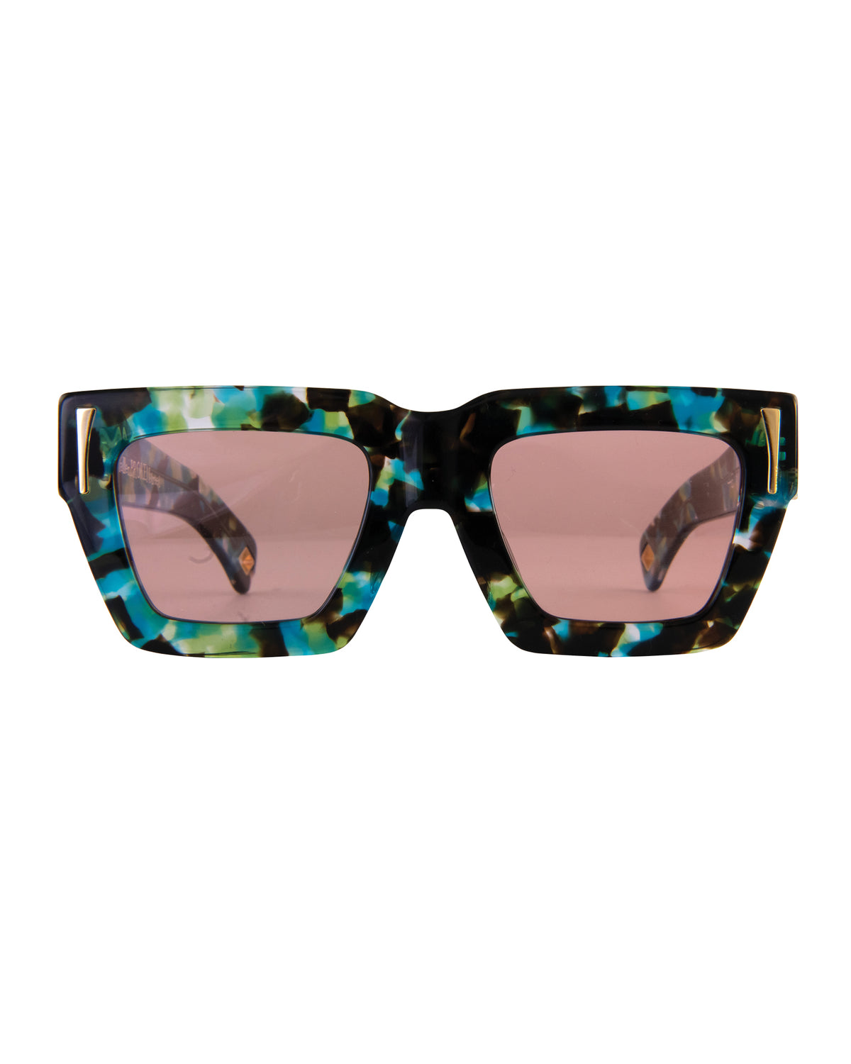 Front view of The Mischief – Galaxy/Pink sunglasses featuring a galaxy acetate frame and soft pink lenses. A bold, square silhouette with 24k gold detailing from Fallenbrokenstreet.

