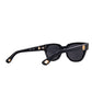 Sleek black frame sunglasses with classic shape and gold hardware – laid flat