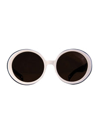 Front view of THE ORBIT – White on Black sunglasses with round white acetate frame and black polarised lenses.

