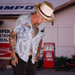FBS x David Bromley Straw Hat, natural woven straw hat with leather inner band and bronze buckle.