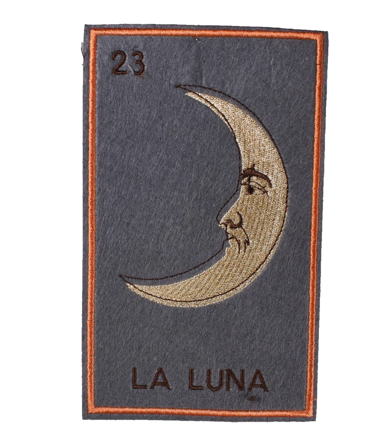 La Luna Embroidered Patch, crescent moon face design on felt, 9.5 x 15.5cm sew-on.